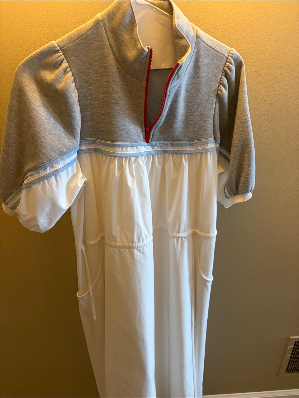 Anthropologie White Dress with Gray Sweatshirt Yoke and Red Zip